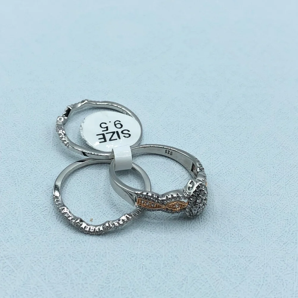 925 Sterling Silver Diamond Engagement Bridal Wedding 3 Band Ring Set 9.5